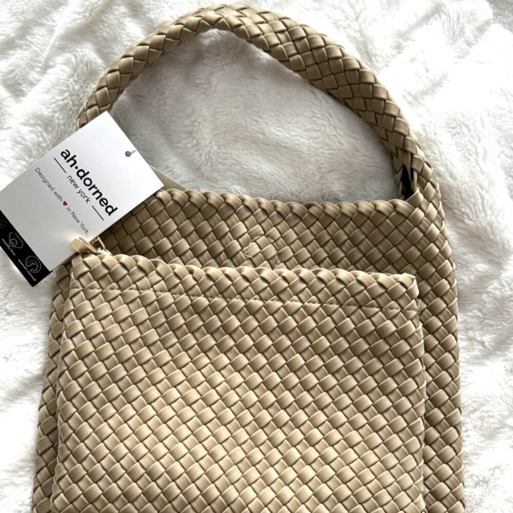 Ah-Dorned New York Neoprene Messenger Bag Tote Beige 2pc Set NWT - Picture 4 of 11
